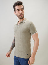 Men's Solid Textured Half Sleeves Polo T-Shirt with Tipping Detail